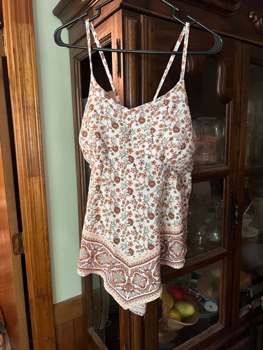 Floral Handkerchief-Hem Cami Tank Top - White & Rust